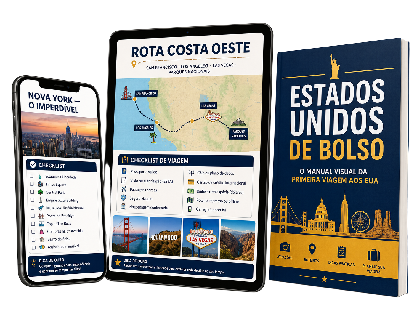 Guia Estados Unidos de Bolso aberto no celular, no tablet e em versão impressa